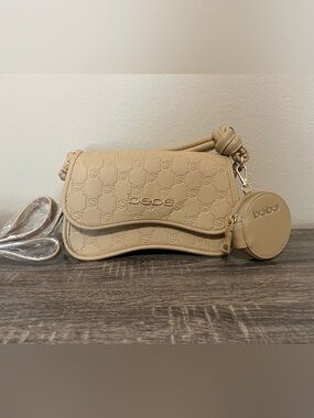 Bebe Tan Embossed Saddle Crossbody with Coin Pouch